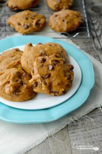 Gluten Free Pumpkin Chocolate Chip Cookies are made with a spice cake mix and they are super easy to make. These soft and fluffy cookies are the best pumpkin cookies you will ever taste. You would never guess that they are gluten free.  