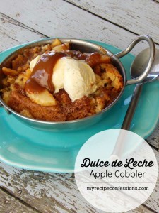 This Dulce de Leche Apple Cobbler is everything you can imagine and more! It’s the perfect apple recipe for fall. This is a dessert recipe that you will be making over and over again. You have got to check out the secret ingredient in the topping.