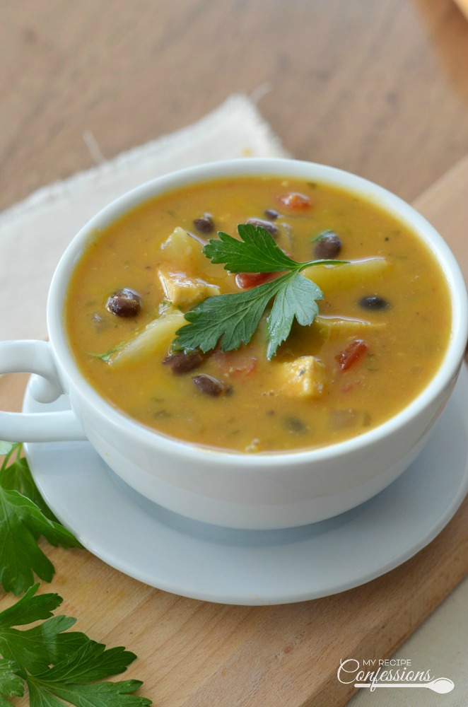 Caribbean Chicken Pumpkin Soup is refreshing and comforting all at the same time. The pineapple and cilantro give the soup a vibrant flavor, while the coconut, black beans, curry, and pumpkin round it out and give it a warm comforting taste. You have to try this recipe, it's truly life changing!