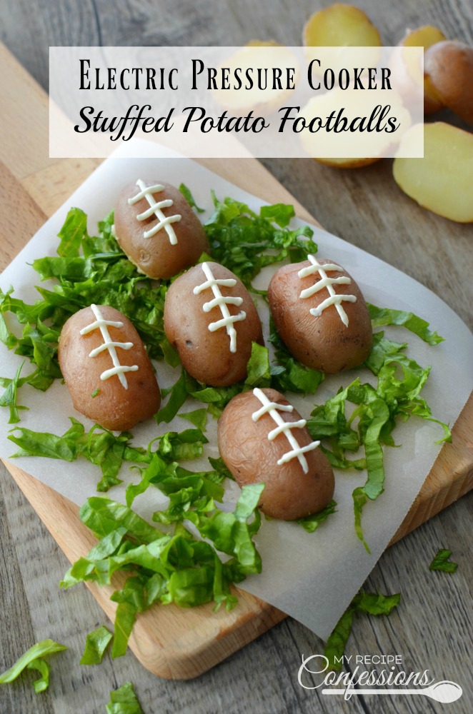 Stuffed Potato Footballs are the perfect appetizer for your football party! Between the crispy skin and the cheesy bacon filling, it's a guaranteed touchdown! Follow the Electric Pressure Cooker instructions and cook the potatoes in 3 minutes. Trust me, these potatoes are always a winner at parties!