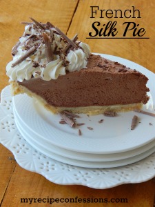French Silk Pie. I have tried many French silk pie recipes, and this one is the easiest and the tastiest! I love the fluffy, rich chocolate mousse with the homemade whipped cream. This is one of the best desserts you will ever make! There is never any leftovers and I always get asked for the recipe.