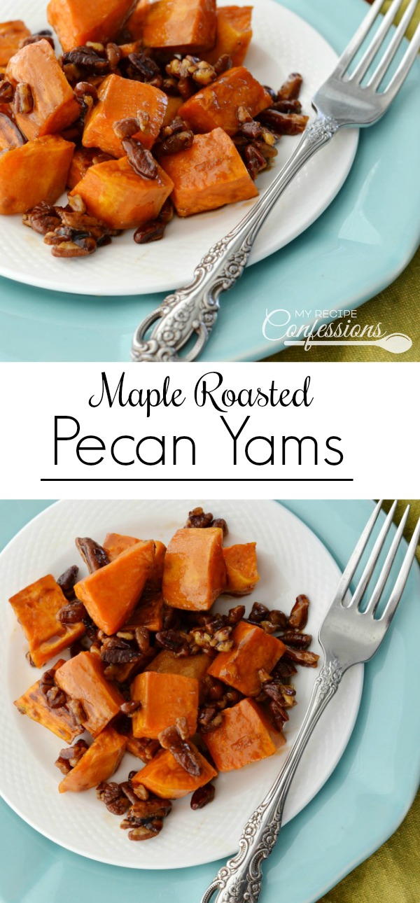 Maple Roasted Pecan Yams practically melt in your mouth. They are baked to perfection with a crispy outside and silky smooth on the inside. I am warning you that this simple and easy recipe is super addicting!
