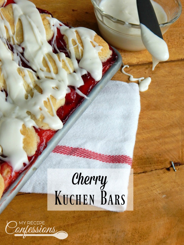 Cherry Kuchen Bars (A.K.A Cherry Pie Bars) are moist pie bars with a rich buttery flavor. The cherry filling and sweet creamy glaze put this dessert over the top. This recipe is one of my favorite go-to desserts. They are so easy but look so complicated. Everybody who tries them loves them! 