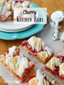 Cherry Kuchen Bars (A.K.A Cherry Pie Bars) are moist pie bars with a rich buttery flavor. The cherry filling and sweet creamy glaze put this dessert over the top. This recipe is one of my favorite go-to desserts. They are so easy but look so complicated. Everybody who tries them loves them!