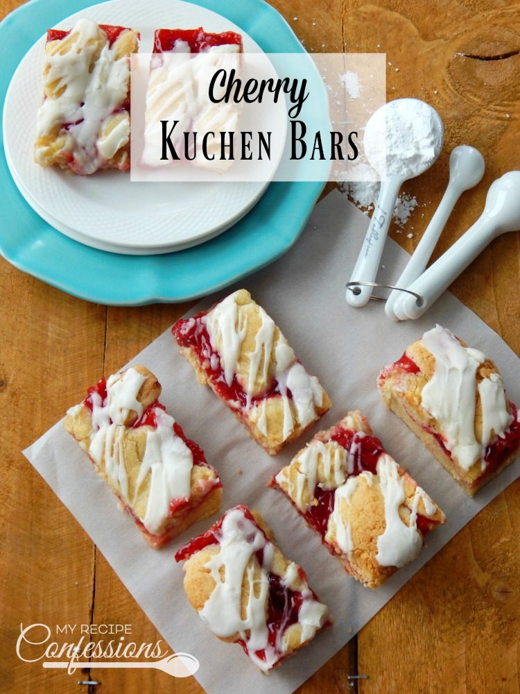 Cherry Kuchen Bars (A.K.A Cherry Pie Bars) are moist pie bars with a rich buttery flavor. The cherry filling and sweet creamy glaze put this dessert over the top. This recipe is one of my favorite go-to desserts. They are so easy but look so complicated. Everybody who tries them loves them! 