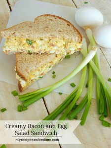 Creamy Bacon and Egg Salad Sandwich. This sandwich recipe requires very little time in the kitchen. I have tried many other egg sandwich recipes and this one is the best! This sandwich is a great way to use up all your colored Easter eggs. You can make cut the sandwiches smaller and serve them as appetizers, or leave the bacon out for a vegetarian sandwich.