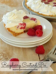 Raspberry Custard Pie. This pie is unbelievably amazing! It is so dang easy, in fact you only have to bake it for 12 minutes. Don’t waste your time with and other recipes. This is one of my family’s favorite desserts. The custard is creamy and rich and the raspberries add the perfect pop of flavor.