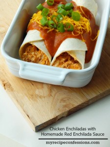 Chicken Enchiladas with Homemade Red Sauce. If you love amazing tasting Mexican food, than this recipe is for you! I am always looking for chicken recipes and this one is a home run! The red sauce is really easy. I love this red sauce so much I could drink it out of a cup!