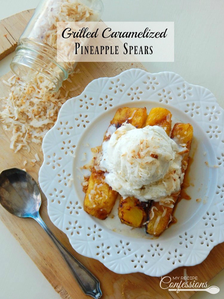 Grilled Caramelized Pineapple Spears are the perfect summer dessert because you don't have to heat up your kitchen. They are so fast, easy and there is very little to clean up after. Top it will vanilla ice cream and you have a truly refreshing dessert that everybody will love!