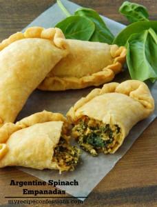 Argentine Spinach Empanadas. These empanadas are Heavenly! Time spent in the kitchen making these empanadas is time well spent! These empanadas not only make great appetizers, they are a great vegetarian dish as well. The dough is flaky but not dry and the spinach filling is packed with flavor!