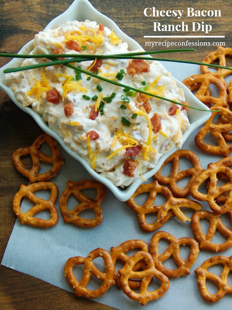 Cheesy Bacon Ranch Dip. This dip is my all-time favorite dip. It is super easy to make and there is rarely leftovers. Other recipes call for a long list of ingredients but this one only has 4 ingredients. It is one of the best appetizers for parties because it is gluten-free so everybody can enjoy it. I like to serve it with pretzels, crackers, or fresh veggies. 