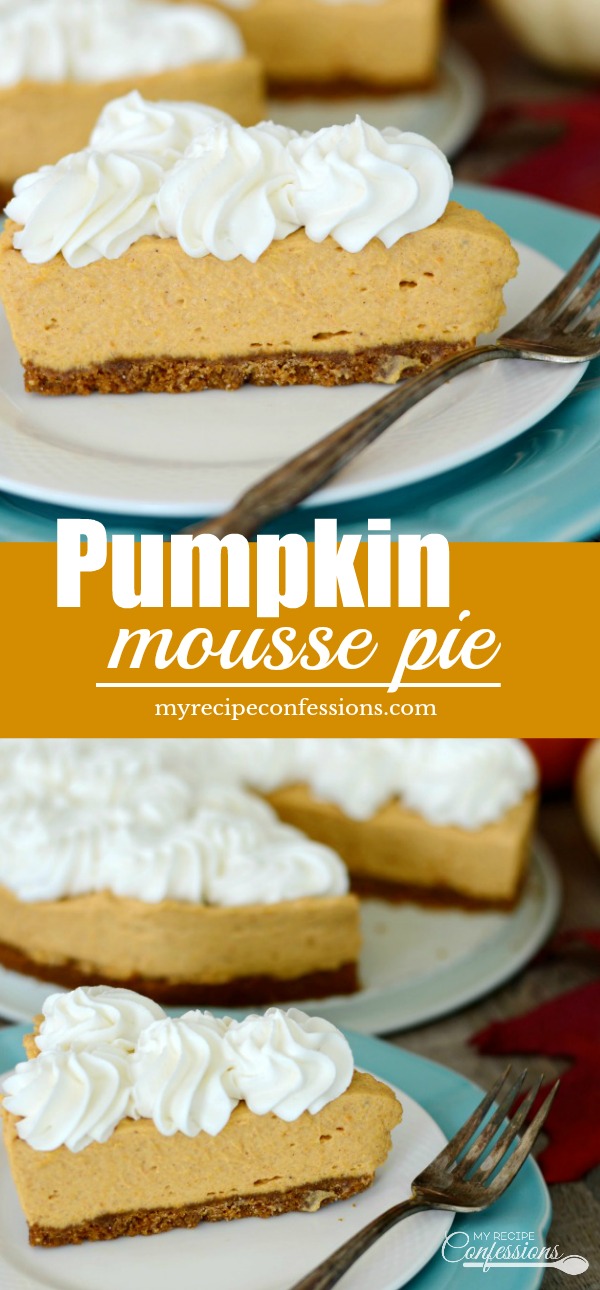 Pumpkin Mousse Pie is an easy dessert that is always a huge hit! The light and fluffy pumpkin mousse and homemade whipped cream is perfect with the gingersnap crust. Rock your holiday parties with this Pumpkin Mousse Pie on the menu! 