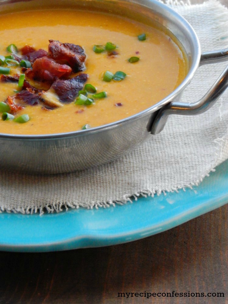 Creamy Roasted Butternut Squash and Bacon Soup. This soup is AMAZING! It is full of flavor and so easy to make. You can't go wrong with this recipe!