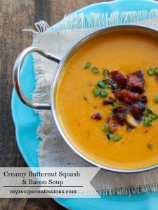 Creamy Roasted Butternut Squash and Bacon Soup. Do you need easy dinner recipes? This soup is just that! It is super easy to make and is the perfect fall meal. I have a feeling that this is going to be at the top your list of dinner recipes.