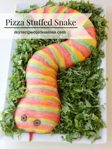 Pizza Stuffed Snake. I am a sucker for Halloween recipes, but out of all my recipes this on is by far my kids favorite! They love to help paint the snake and then eat it with a side of marinara sauce. This pizza snake is great for Halloween parties, boys birthdays, or even a Harry Potter party.