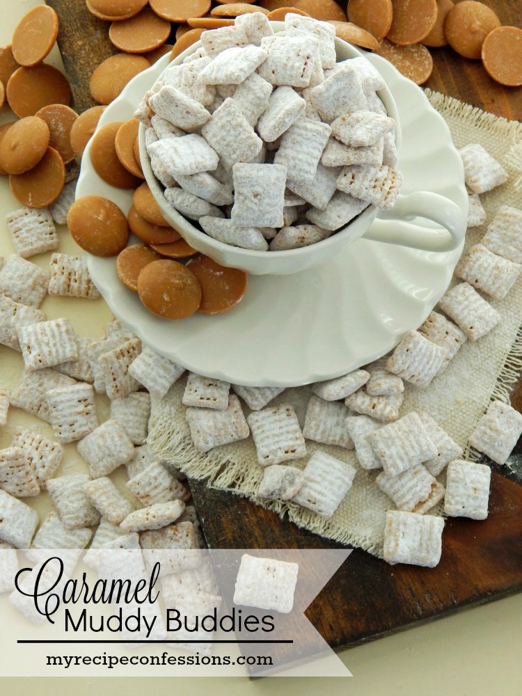 Caramel Muddy Buddies are mind blowing delicious! This recipe only calls for 3 ingredients and it takes less than 10 minutes to make it. Trust me, these caramel muddy buddies rock!
