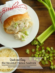 Quick and Easy Hot Shredded Chicken Sandwich. I always love good chicken recipes. Not only is this recipe delicious it is an easy dinner to make. The quick and easy recipes are always the best dinner recipes! This one will not disappoint! You can even use smaller rolls and serve them as appetizers.