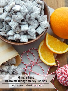 4 Ingredient Chocolate Orange Muddy Buddies. This recipe will only keep you in the kitchen for 5 to 10 minutes tops. Christmas is not the same without some chocolate orange treats. These babies are so hard to stay away from. They are delicious! If you are looking for Christmas gift ideas, this is it!