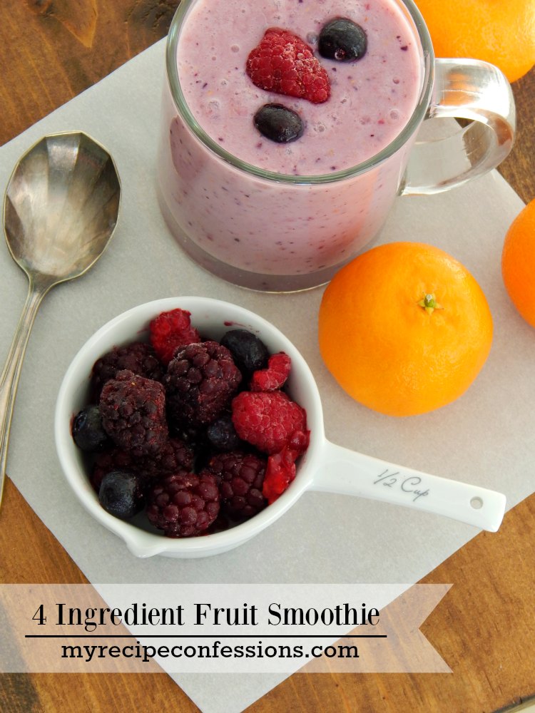 4 Ingredient Fruit Smoothie. I got sick of my kids eating sugar coated food for breakfast. I started making this smoothie and they love it! I looked for other smoothie recipes, but this one is our favorite. You can add any kind of fruit or vegetables that you like. You can even use almond milk instead of skim milk. This is a great vegetarian recipe.
