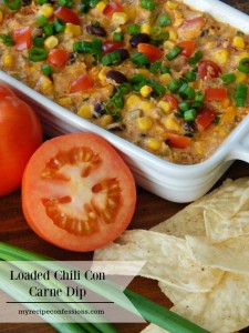 Loaded Chili Con Carne Dip. You won't have to spend much time in the kitchen making this dip. You can throw it together in no time. As far as appetizers go this is one of the best recipes out there! Everybody loves it and there is rarely any leftovers. It is perfect for game day. This dip is best served hot with tortilla chips.