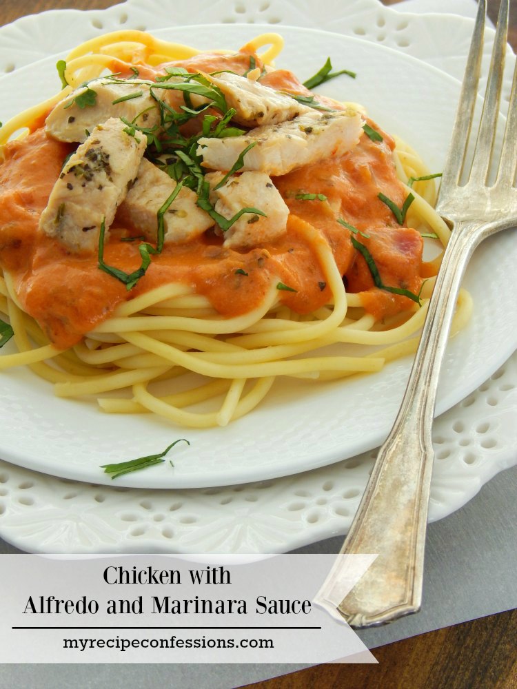 Chicken with Alfredo Marinara Sauce. This dish is the ultimate easy dinner. I have tried many dinner recipes and this one beats them all. Not only is it quick and easy, it tastes like you were cooking in the kitchen all day. Who needs Olive Garden when you can make it better at home! 