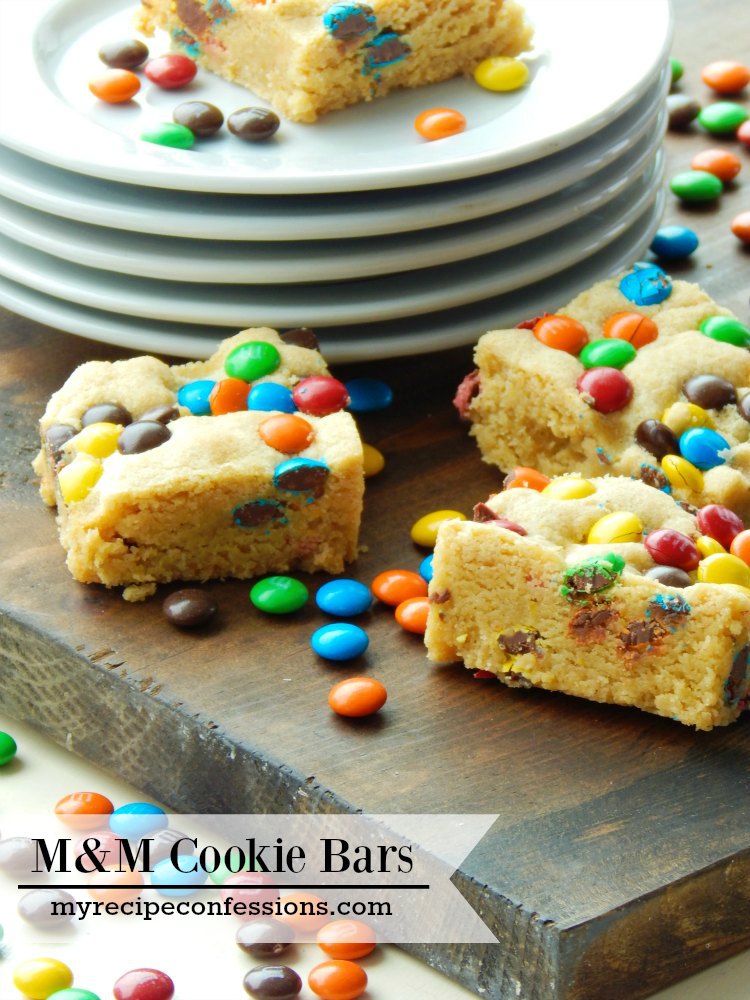 M&M Cookie Bars. These cookie bars are soft and chewy and packed with chocolate goodness! I love easy desserts and this one is a home run. I tried many recipes for cookie bars and they were either too dry or flavorless. So I was ecstatic when I came across this one! I might even eat them for breakfast. 