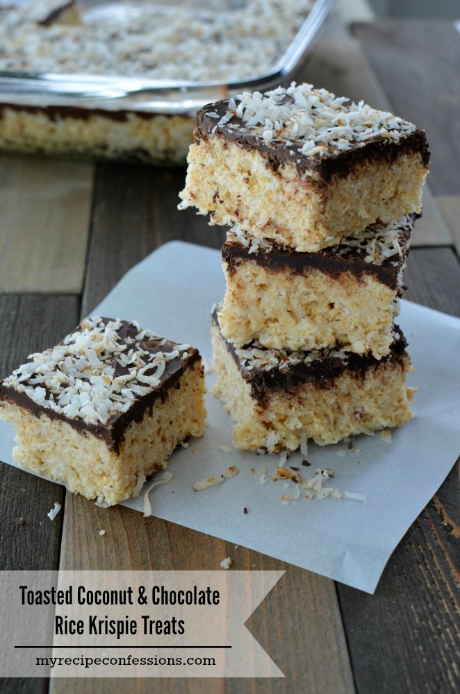 Toasted Coconut & Chocolate Rice Krispie Treats- These are the best rice krispie treats ever! My kids won't stop eating them. I love to make them because they are easy, delicious, and everybody loves them. I always get asked for the recipe and there are never any leftovers.
