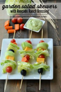 Garden Salad Skewers with Avocado Ranch Dressing-Nobody can resist these yummy salad skewers! Everybody loves food on a stick! These skewers make great appetizers, finger food, or a grab and go side dish. My pickiest eater loves these. The Avocado Ranch Dressing Puts this recipe over the top with its creamy goodness! Trust me, you don't want to miss out on this one!