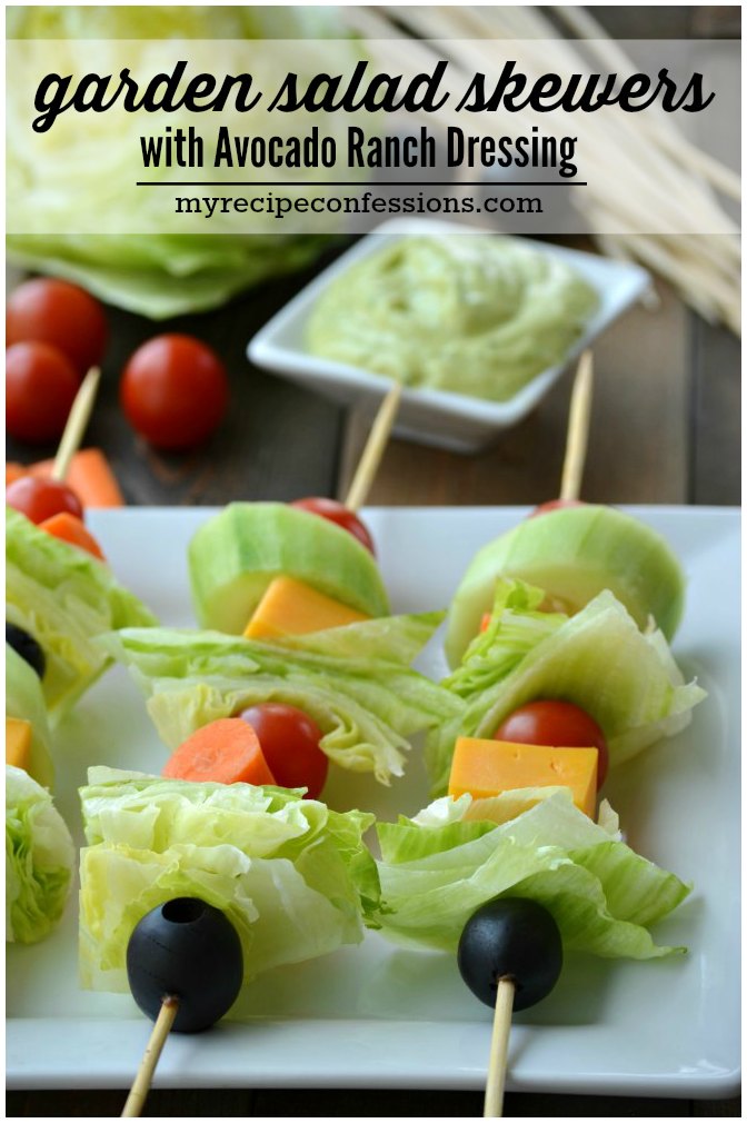 Garden Salad Skewers with Avocado Ranch Dressing-Nobody can resist these yummy salad skewers! Everybody loves food on a stick! These skewers make great appetizers, finger food, or a grab and go side dish. My pickiest eater loves these. The Avocado Ranch Dressing Puts this recipe over the top with its creamy goodness! Trust me, you don't want to miss out on this one! 