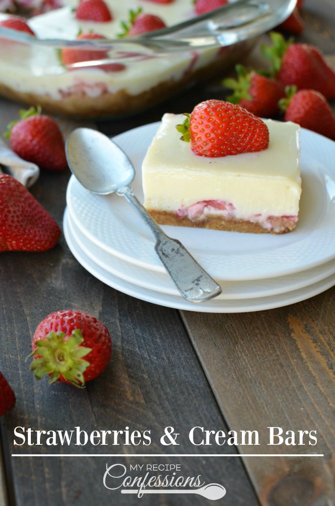 Strawberries & Cream Bars-How can something so good be so easy? Oh, believe me, it is possible with this amazing dessert recipe. Graham cracker crust, juicy strawberries, and a smooth and creamy filling. And you can make it all in under 30 minutes. They will make the perfect treat for your next party!