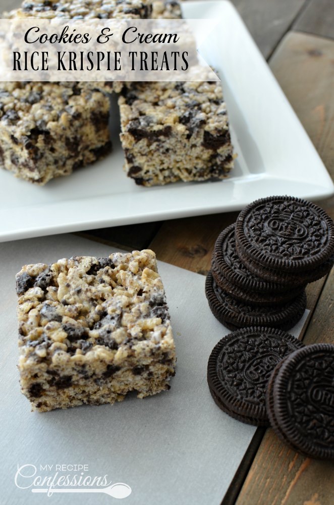 Cookies & Cream Rice Krispie Treats-These are the BEST Rice Krispie Treats EVER! They are soft and gooey with yummy chunks or Oreos throughout. You will not find an easier dessert than this recipe. You can make these babies in under 10 minutes. They are, knock your socks off good!