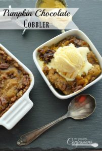 Pumpkin Chocolate Cobbler is a moist cobbler with a rich chocolate caramel sauce. It is an easy pumpkin dessert that everybody will love! This recipe is a keeper for sure!