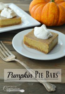 Pumpkin Pie Bars are the absolute best! The graham cracker crust is amazing with the velvety smooth pumpkin filling. I love how simple and easy these bars are to make. I always get asked for the recipe when ever I make them.