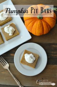 Pumpkin Pie Bars are the absolute best! The graham cracker crust is amazing with the velvety smooth pumpkin filling. I love how simple and easy these bars are to make. I always get asked for the recipe when ever I make them.