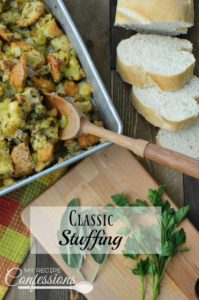 Classic Stuffing is my go-to stuffing recipe. It's the best recipe I have found and I love how simple it is to make. This stuffing is the traditional Thanksgiving stuffing that we all know and love. It is moist, but not soggy, and loaded with flavor.