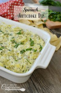 Spinach Artichoke Dip is the best dip ever! This recipe is so easy and it tastes just as good as Applebee's dip. This creamy cheesy dip is always a big hit! Serve it with crackers or tortilla chips for an unforgettable appetizer.
