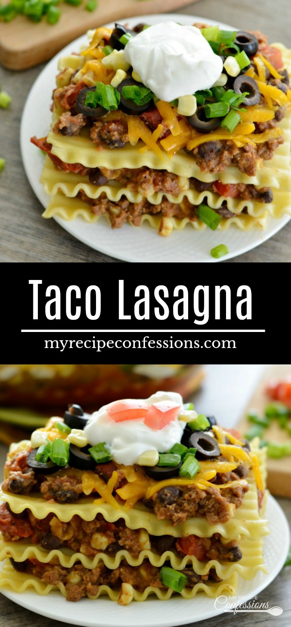 Taco Lasagna is a quick and easy family friendly recipe. If you love Mexican food, you will love the layers of noodles, ground beef, beans, cheese and more. This recipe is going to rock your world!