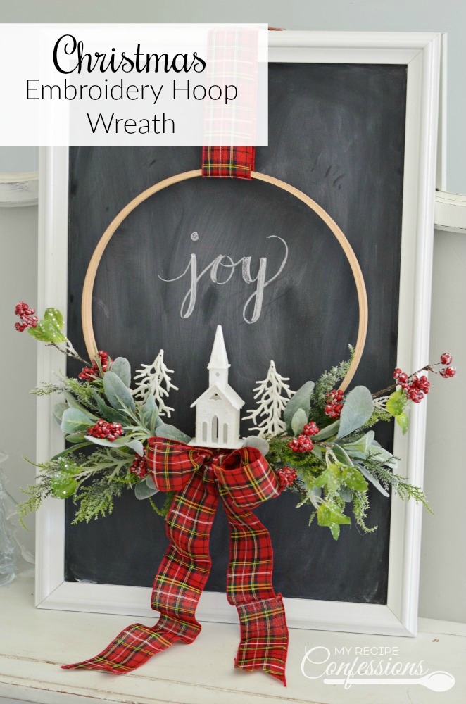 Christmas Embroidery Hoop Wreath will look perfect on your front door! This wreath is super easy and very inexpensive. Some of the supplies were even bought at the Dollar Store. You won't find an easier DIY Christmas project! #Christmaswreath #diycrafts #Christmasdecorating #Christmastime #ChristmasEve #Christmas