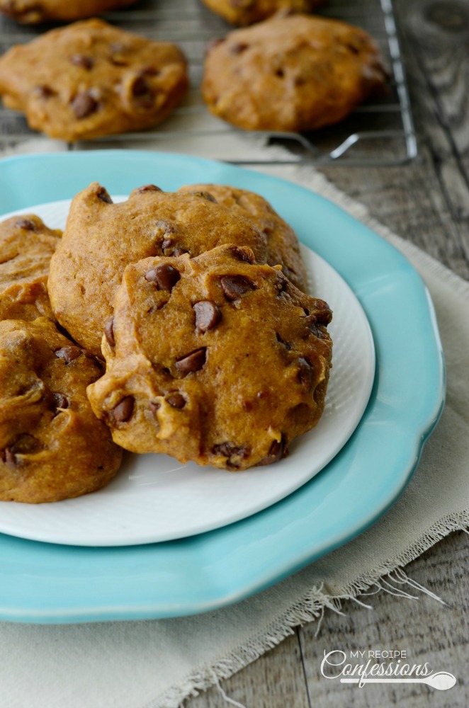 Gluten Free Pumpkin Chocolate Chip Cookies are made with a spice cake mix and they are super easy to make. These soft and fluffy cookies are the best pumpkin cookies you will ever taste. You would never guess that they are gluten free.  