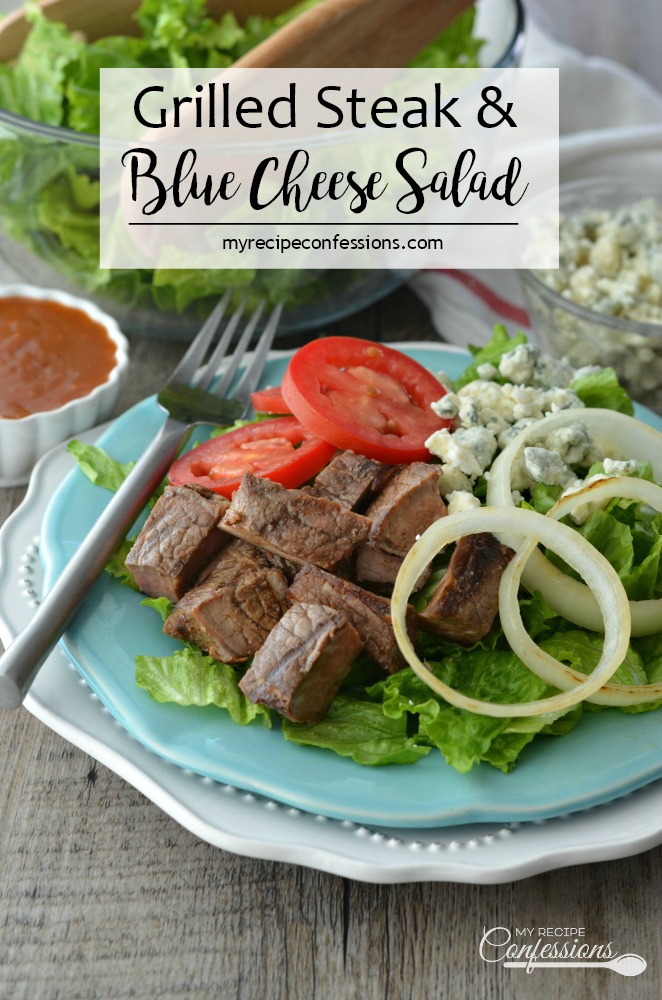 Grilled Steak and Blue Cheese Salad is the perfect healthy, low-carb,  gluten-free dish that EVERYBODY will love!  The tangy apple cider dressing is a game changer. This recipe is quick an easy and can be on the table in less than 20 minutes.