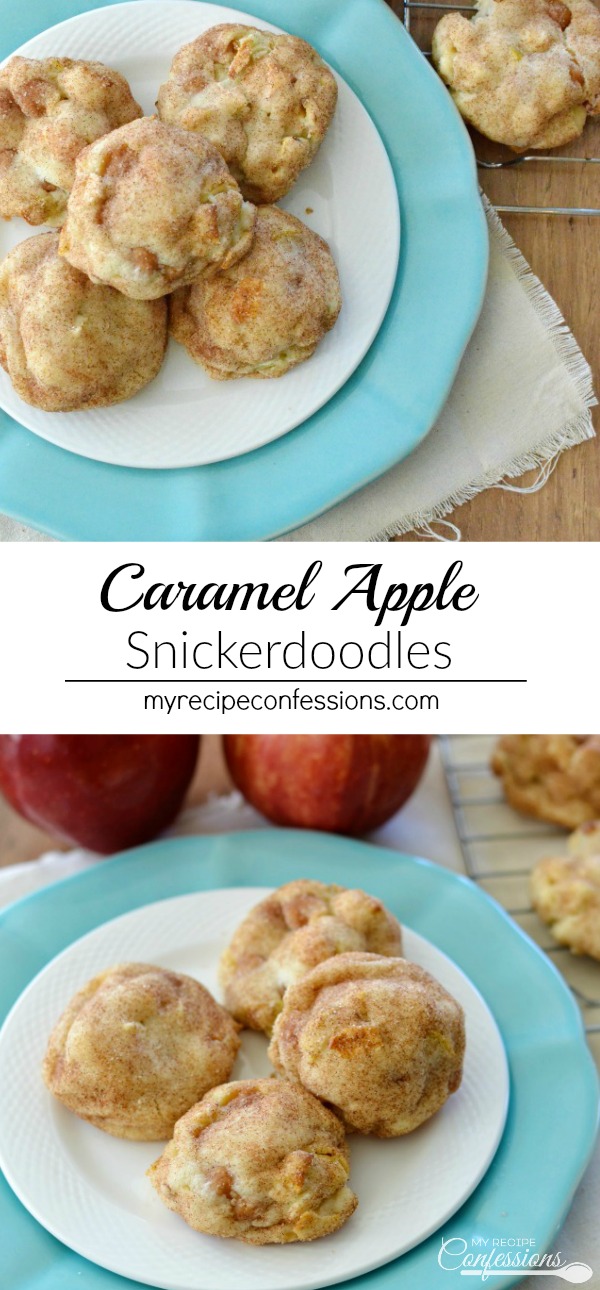 Caramel Apple Snickerdoodles are super soft and chewy. They are packed with apples, caramel, white chocolate, and then rolled in a cinnamon sugar mixture. Not only is this recipe easy; it also makes enough cookies to share with your family and friends