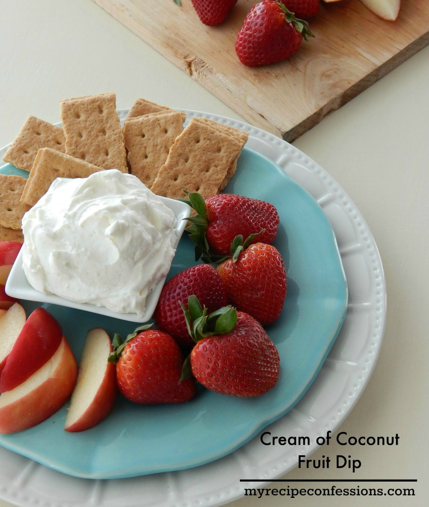 Cream of Coconut Fruit Dip. This recipe is super easy to make and it is so good, you will have to restrain yourself from licking the bowl clean. I love to take this dip to parties. You can serve it with fresh fruit and graham crackers alongside your other appetizers. It is also gluten free so everybody can enjoy it. 