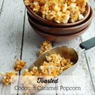 Toasted Coconut Caramel Popcorn is an easy no-bake recipe that is super addicting! I love that it's not a sticky caramel popcorn, and the toasted coconut is absolutely heavenly! It makes a delicious treat for a party or just an afternoon snack.