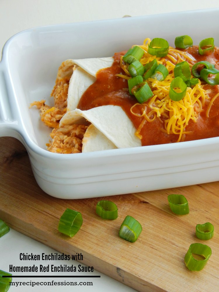 Chicken Enchiladas with Homemade Red Sauce. If you love amazing tasting Mexican food, than this recipe is for you! I am always looking for chicken recipes and this one is a home run! The red sauce is really easy. I love this red sauce so much I could drink it out of a cup! 
