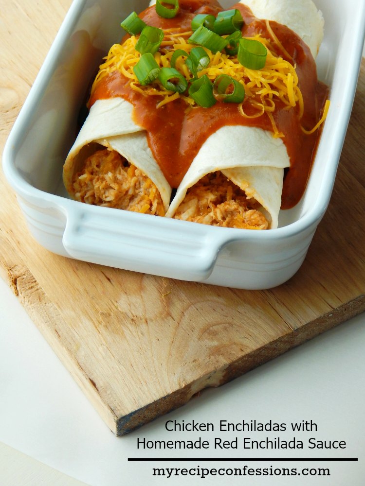 Chicken Enchiladas with Homemade Red Sauce. If you love amazing tasting Mexican food, than this recipe is for you! I am always looking for chicken recipes and this one is a home run! The red sauce is really easy. I love this red sauce so much I could drink it out of a cup! 