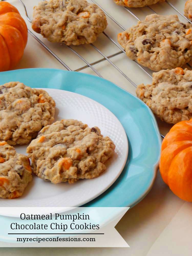 Oatmeal Pumpkin Chocolate Chip Cookies-If you are like me and can never have enough pumpkin recipes, than you are going to love these cookies! These Oatmeal Pumpkin Chocolate Chip Cookies are soft, chewy and absolutely divine and they are super easy to make too. 