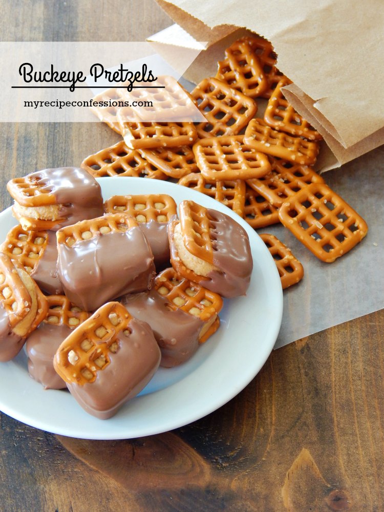 Buckeye Pretzels-Peanut butter sandwiched between two pretzels and covered in chocolate. Believe me they are heavenly. These sweet treats rock and this recipe is the best!