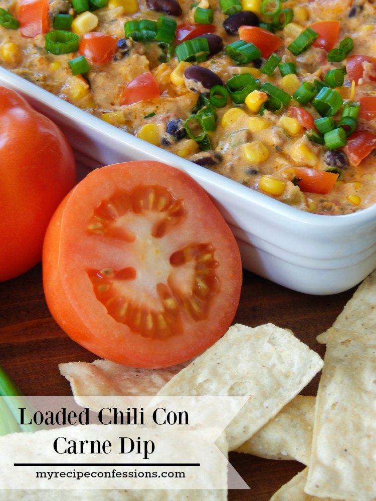 Loaded Chili Con Carne Dip. You won't have to spend much time in the kitchen making this dip. You can throw it together in no time. As far as appetizers go this is one of the best recipes out there! Everybody loves it and there is rarely any leftovers. It is perfect for game day. This dip is best served hot with tortilla chips.