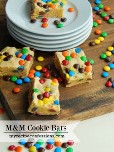 M&M Cookie Bars. These cookie bars are soft and chewy and packed with chocolate goodness! I love easy desserts and this one is a home run. I tried many recipes for cookie bars and they were either too dry or flavorless. So I was ecstatic when I came across this one! I might even eat them for breakfast.