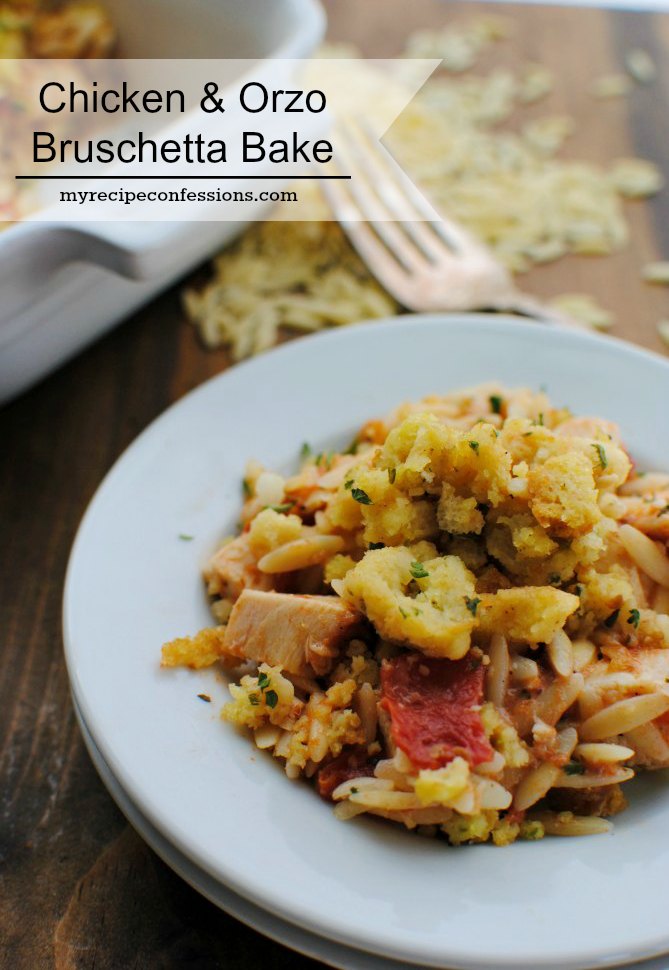Chicken & Orzo Bruschetta Bake. I love that I don't have to spend all evening in the kitchen when I make this recipe. My kids always love chicken recipes, and this one is one of their favorites! I use rotisserie chicken, so it is super quick and easy to make. Trust me, you need to add this to your dinner recipes, because it is a recipe you will want to make over and over! 